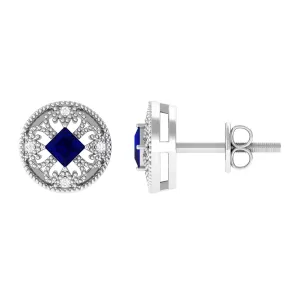 0.25 CT Antique Blue Sapphire and Diamond Beaded Stud Earrings