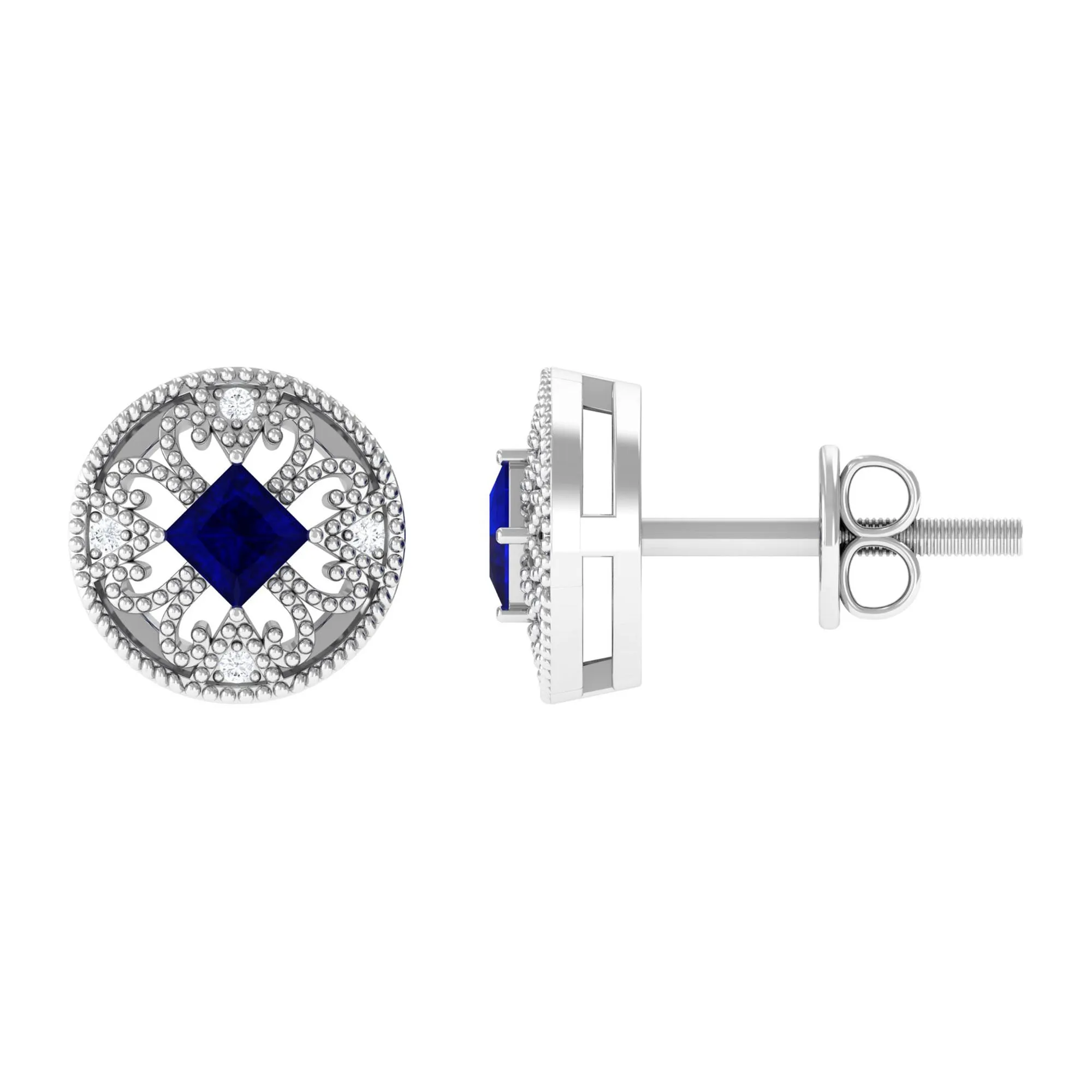 0.25 CT Antique Blue Sapphire and Diamond Beaded Stud Earrings