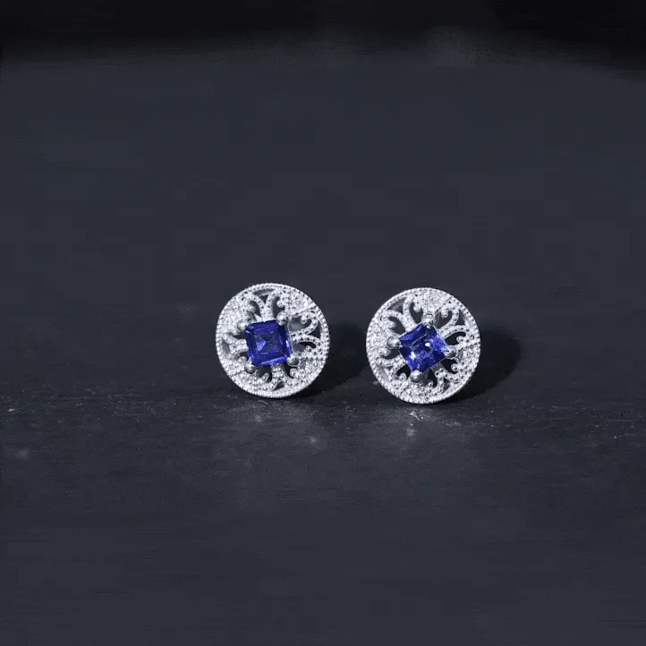 0.25 CT Antique Blue Sapphire and Diamond Beaded Stud Earrings