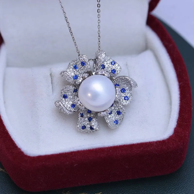 11-12mm Freshwater Pearl &  Full CZ Blue Gem Necklace