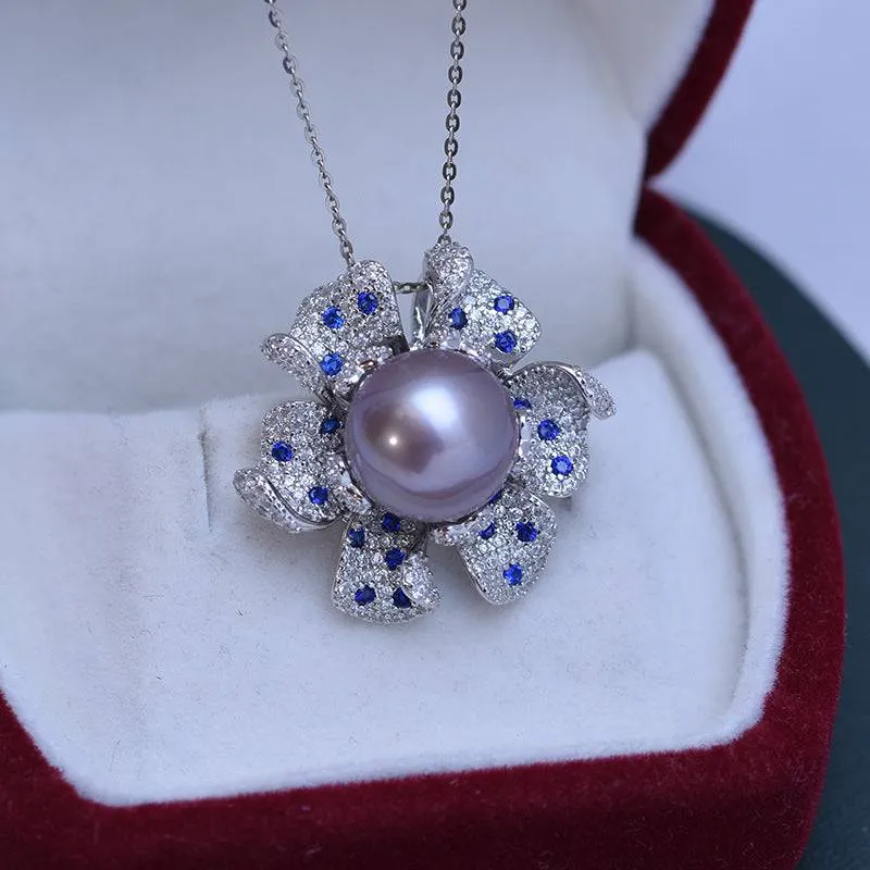 11-12mm Freshwater Pearl &  Full CZ Blue Gem Necklace