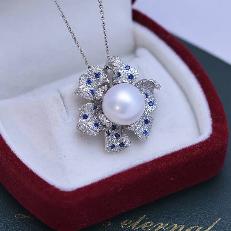 11-12mm Freshwater Pearl &  Full CZ Blue Gem Necklace