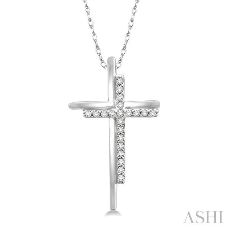 1/10 Ctw Double Cross Round Cut Diamond Pendant With Link Chain in 10K White Gold