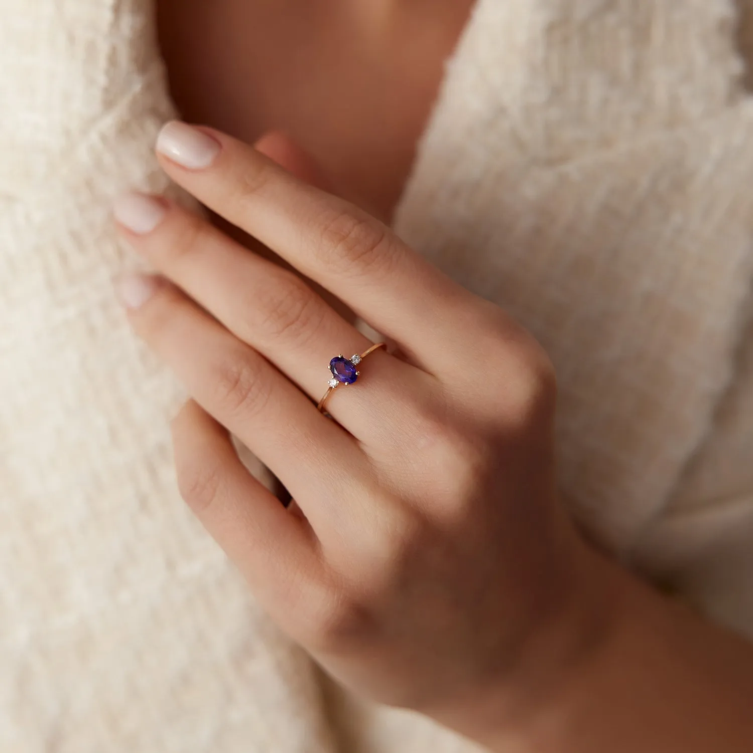 14K Gold Oval Shape Amethyst and Diamond 3 Stone Ring