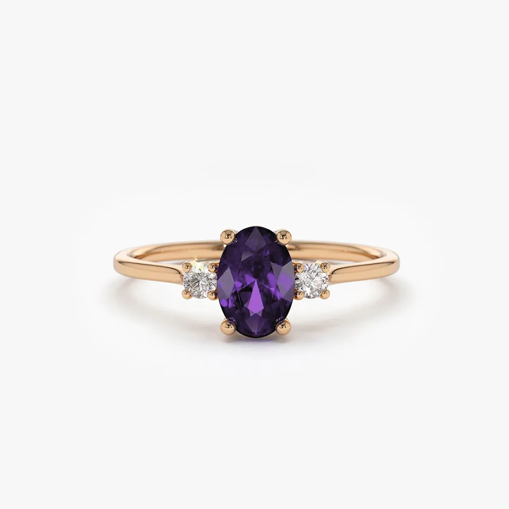 14K Gold Oval Shape Amethyst and Diamond 3 Stone Ring