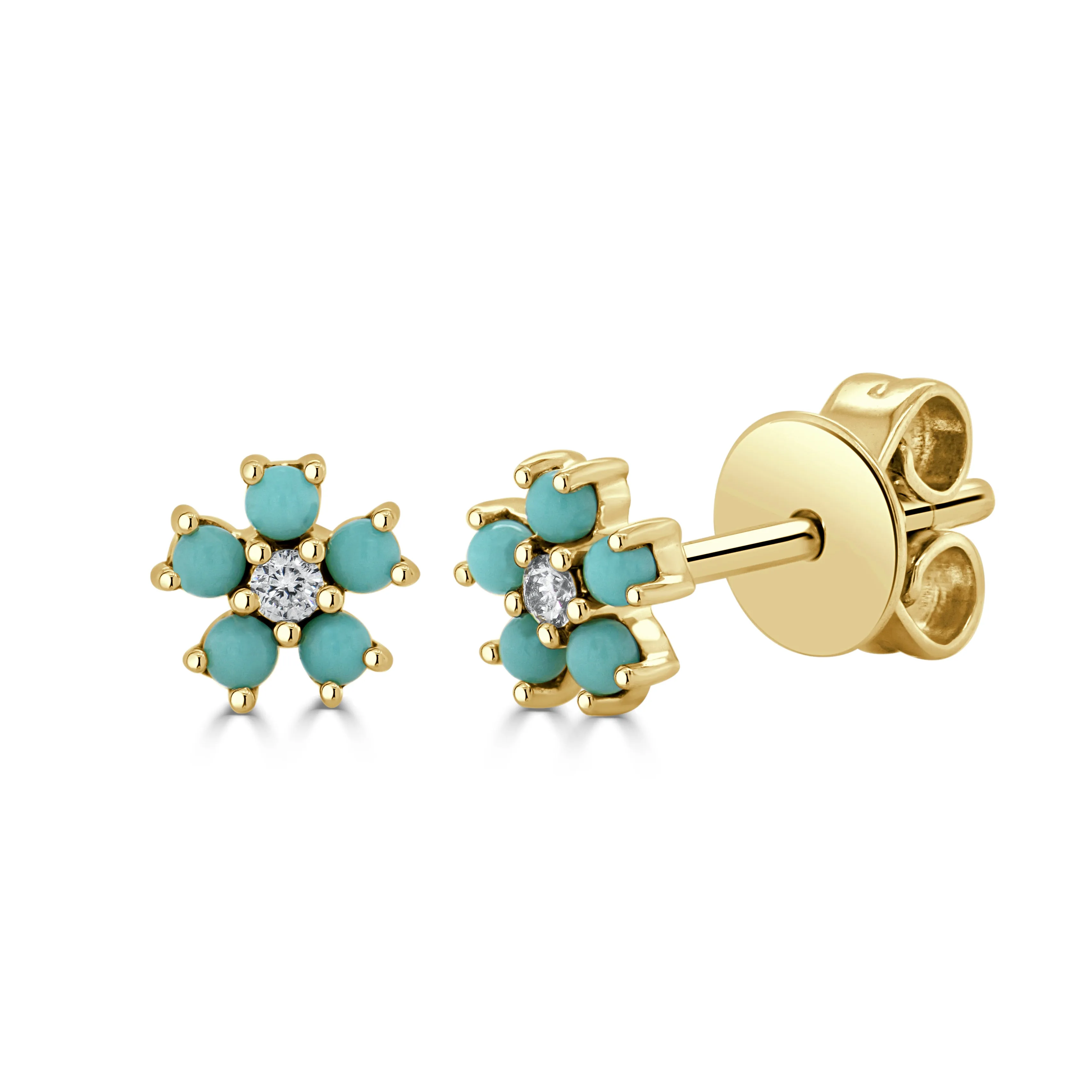 14K Gold Turquoise & Diamond Flower Stud Earrings