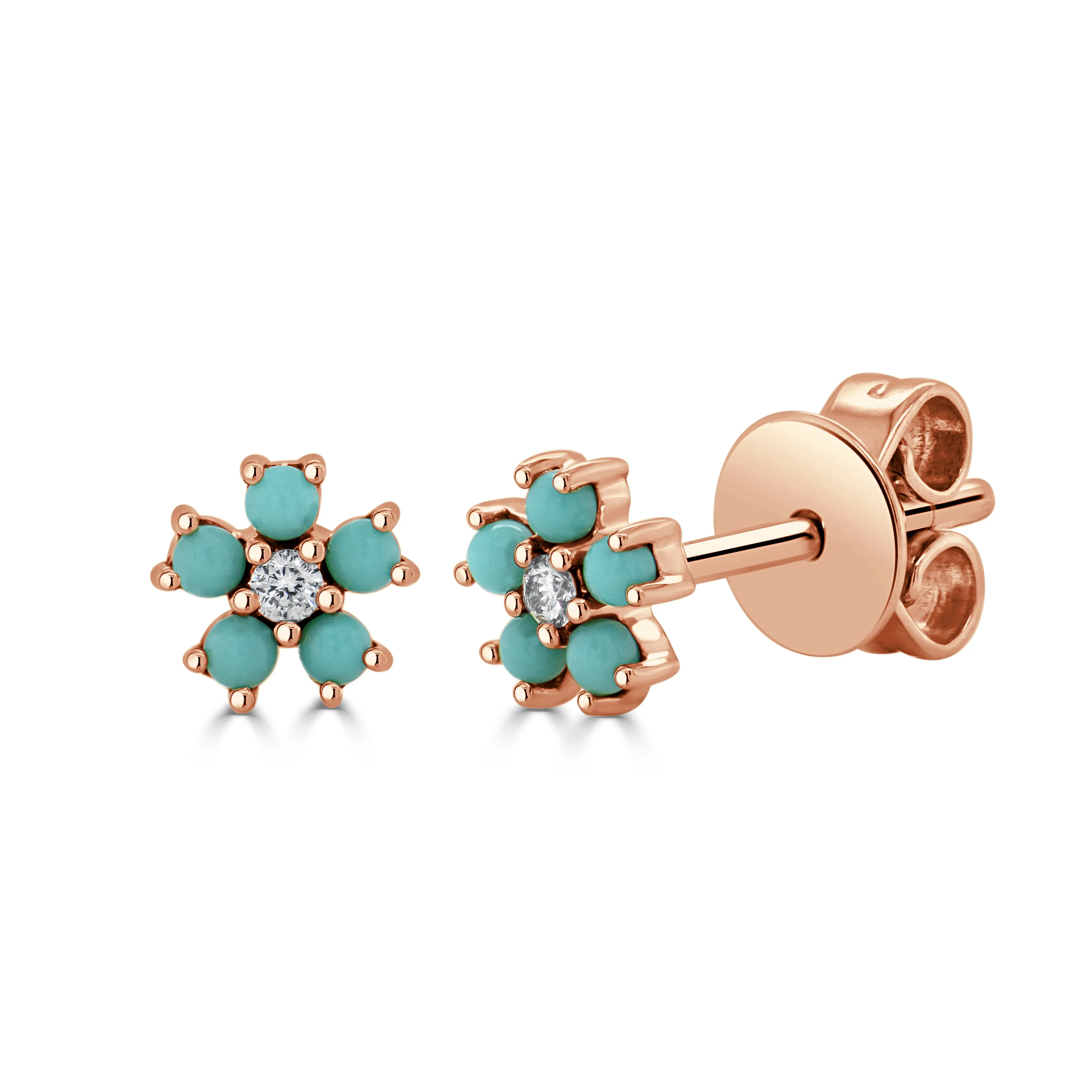 14K Gold Turquoise & Diamond Flower Stud Earrings