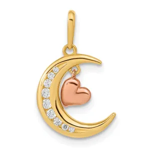 14K Two Tone Gold Open Back Polished Finish with Cubic Zirconia Stones Moon Dangle Heart Design Charm Pendant