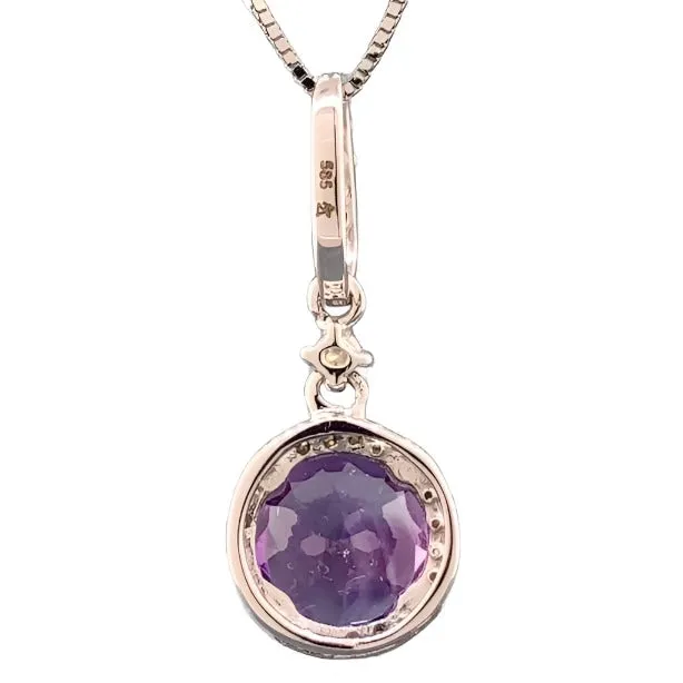 14K W Gold Round Amethyst & 0.14cttw Diamond Halo Pendant