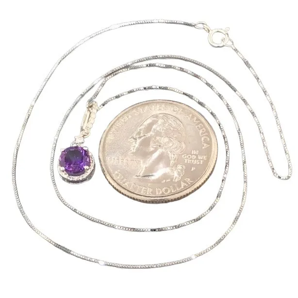 14K W Gold Round Amethyst & 0.14cttw Diamond Halo Pendant