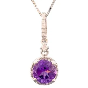 14K W Gold Round Amethyst & 0.14cttw Diamond Halo Pendant