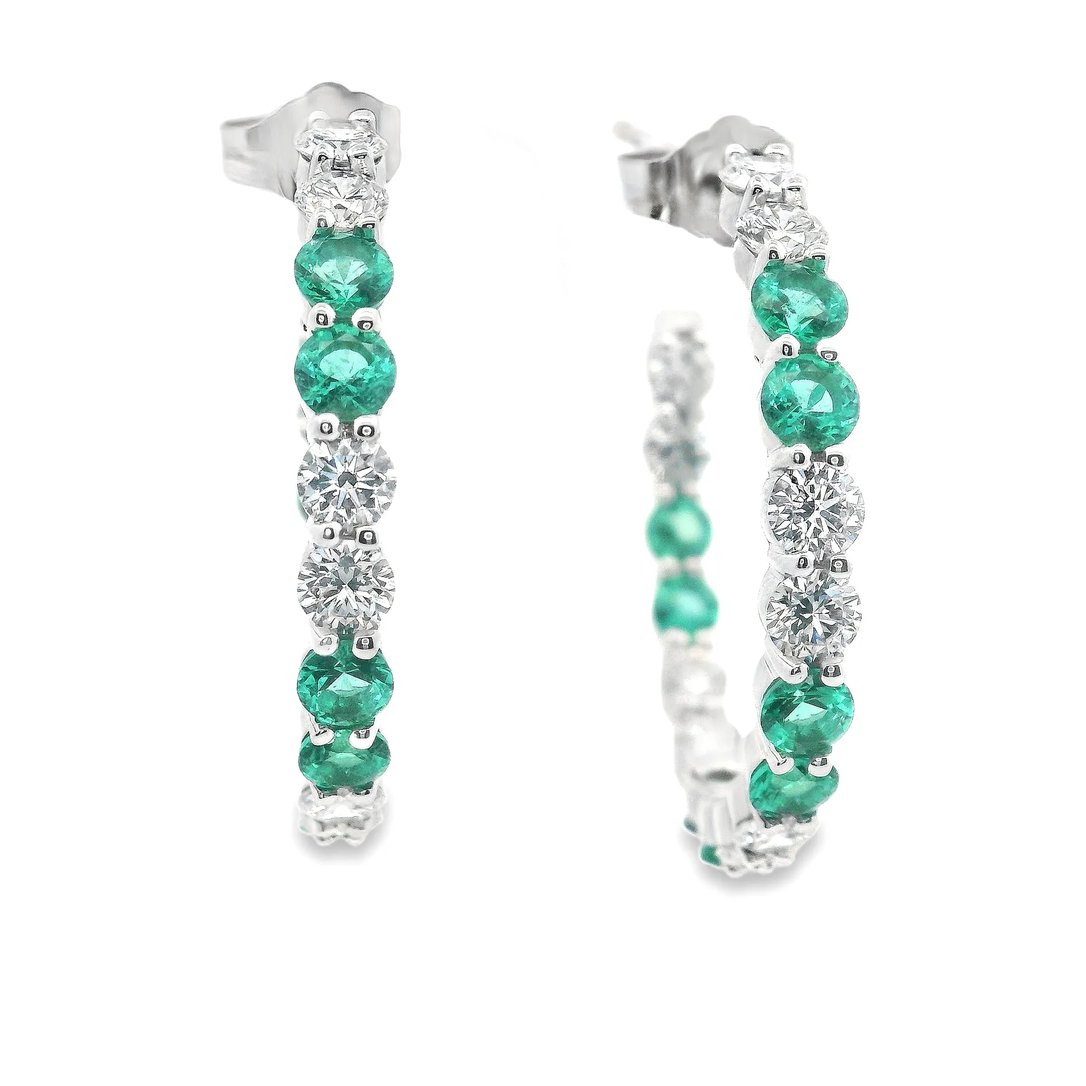 14k White Gold Diamond and Emerald Hoops