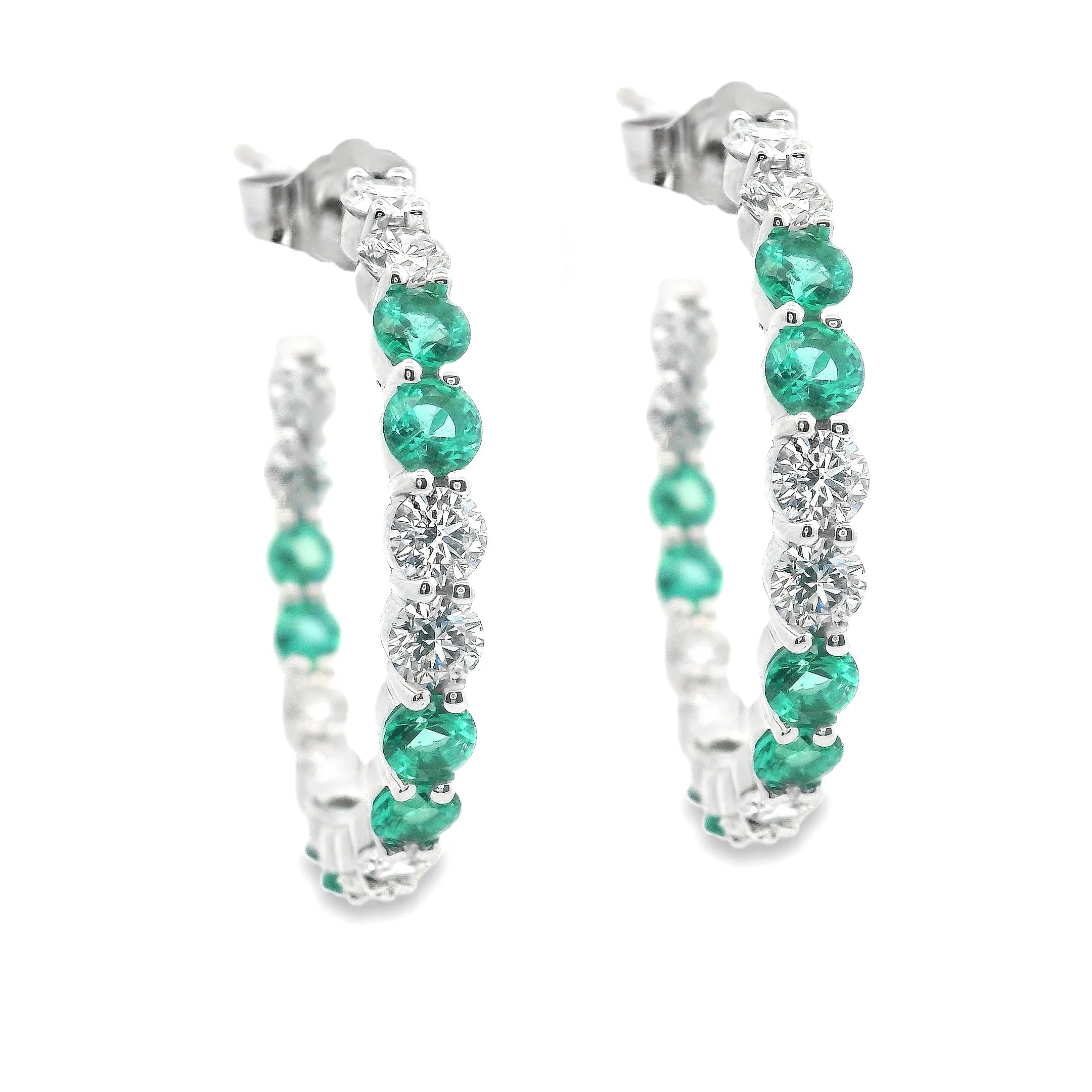 14k White Gold Diamond and Emerald Hoops