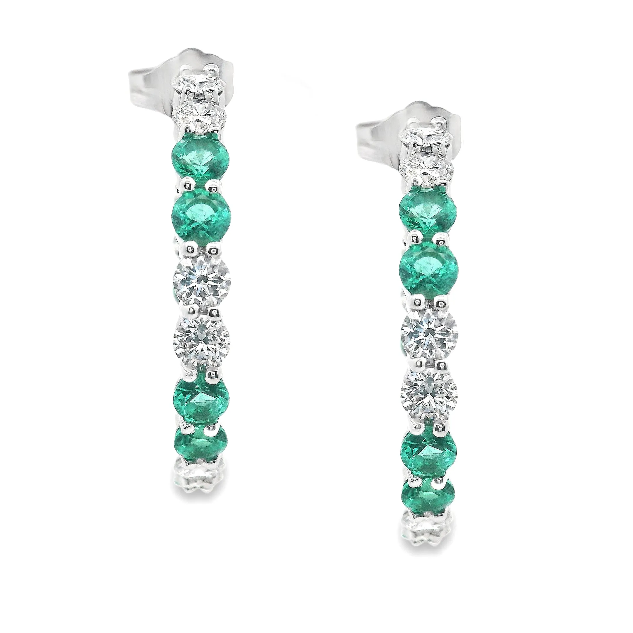 14k White Gold Diamond and Emerald Hoops