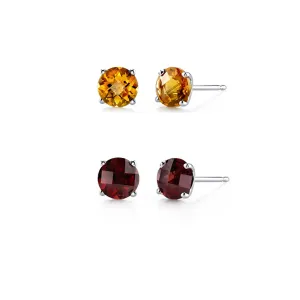 14k White Gold Plated 4Ct Created Citrine and Garnet 2 Pair Round Stud Earrings