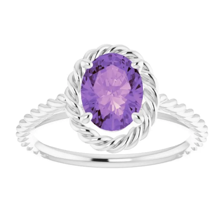 14K White Natural Amethyst Rope Ring