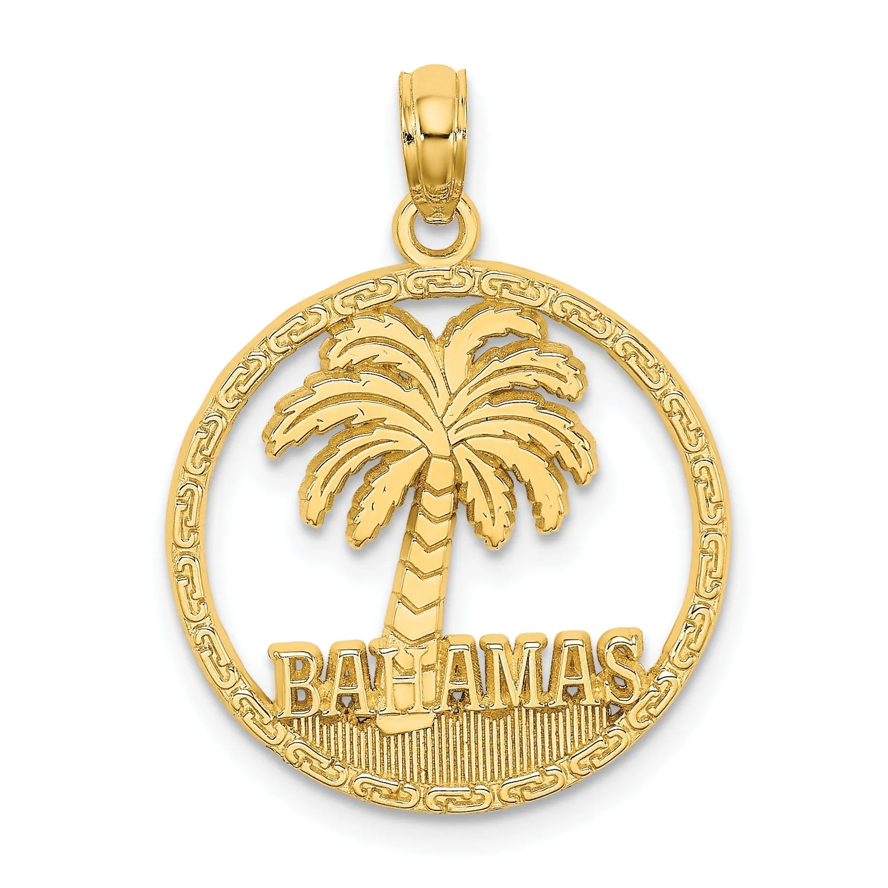 14K Yellow Gold Polished Textured Finish BAHAMAS Under Palm Tree Round Circle Trim Design Charm Pendant