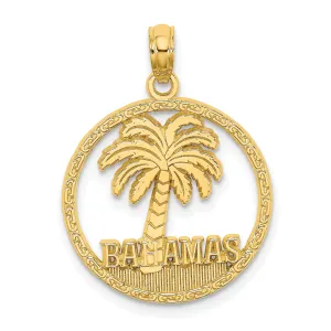 14K Yellow Gold Polished Textured Finish BAHAMAS Under Palm Tree Round Circle Trim Design Charm Pendant