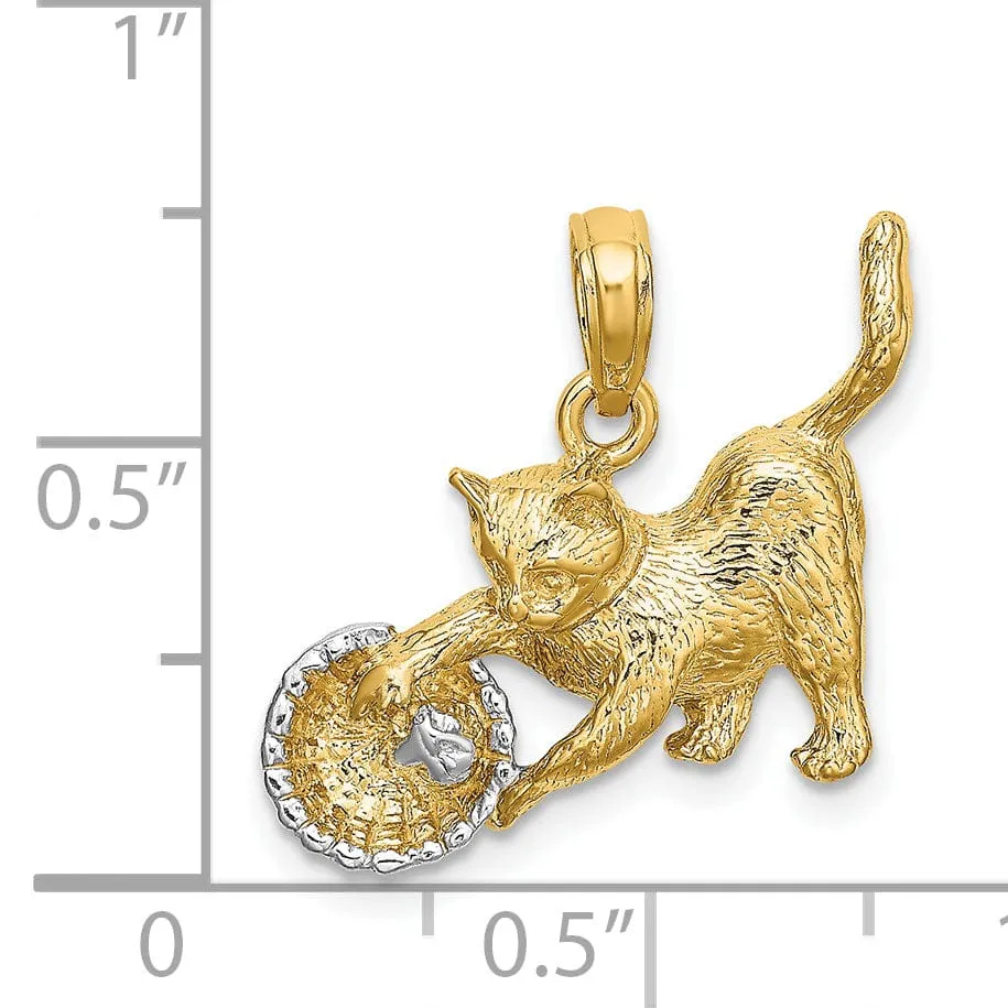 14k Yellow Gold White Rhodium Textured Solid Polished Finish Cat Playing with Yarn in Basket Design Charm Pendant