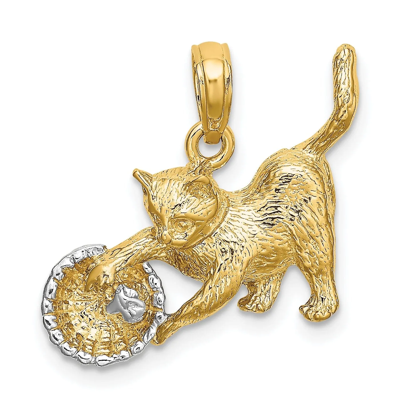 14k Yellow Gold White Rhodium Textured Solid Polished Finish Cat Playing with Yarn in Basket Design Charm Pendant