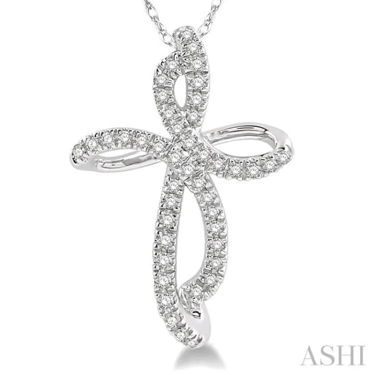 1/6 Ctw Twirl Pattern Cross Round Cut Diamond Pendant With Link Chain in 10K White Gold