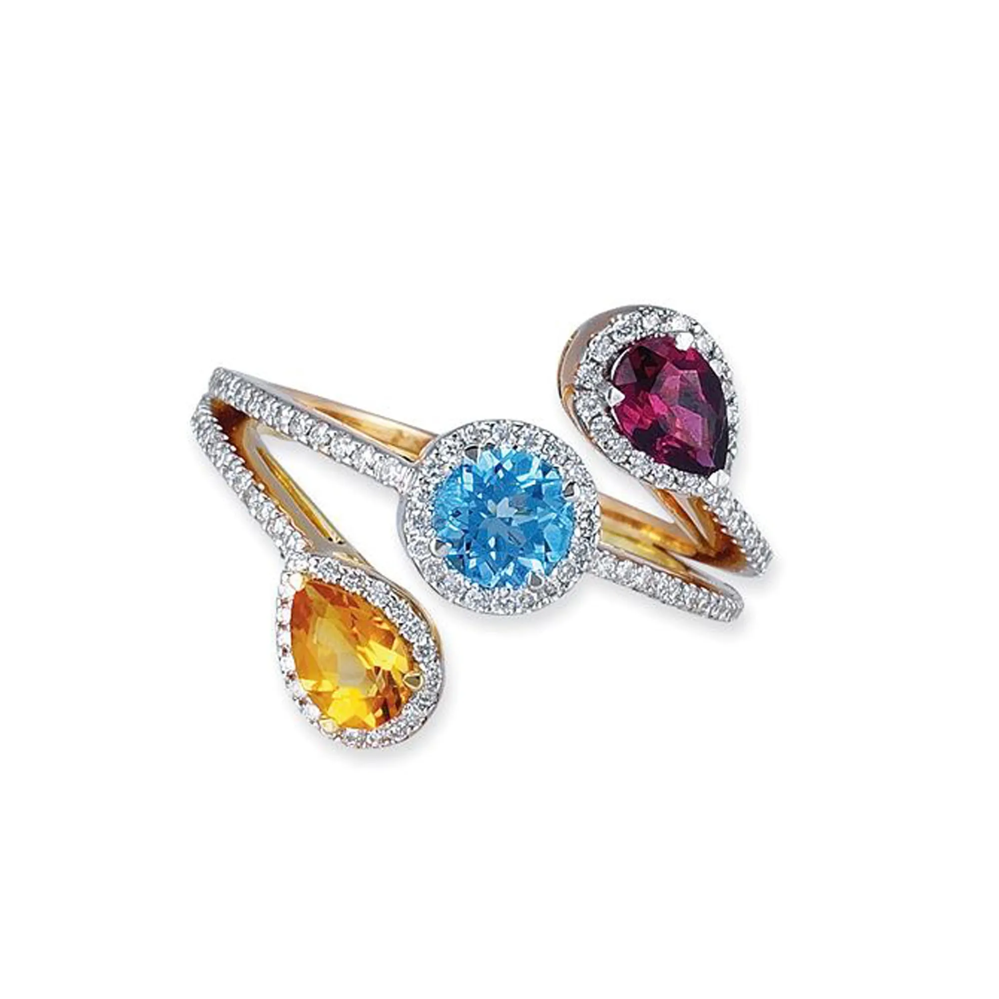 18K Tri Color Birthstone Ring With Diamonds And Colored Stones