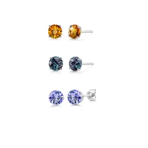 18k White Gold Plated 4Ct Created Citrine, Alexandrite and Tanzanite 3 Pair Round Stud Earrings