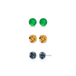 18k White Gold Plated 4Ct Created Emerald, Citrine and Alexandrite 3 Pair Round Stud Earrings