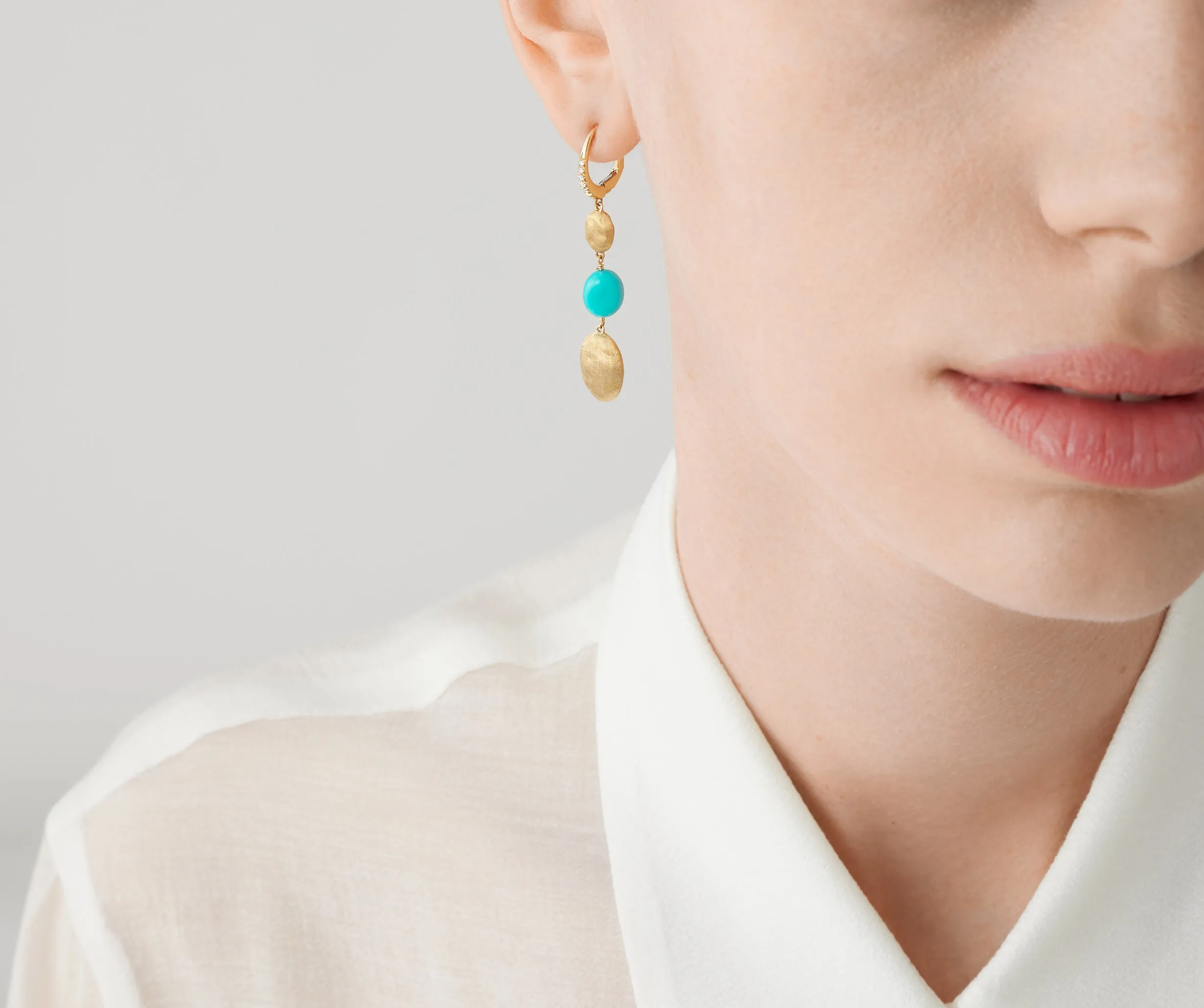 18K Yellow Gold Drop Earrings with Turquoise and Diamond Clip