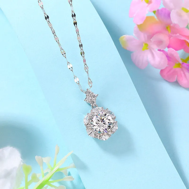 2 Carats Moissanite Diamond Flower Pendant Necklace 925 Sterling Silver XMFN8156