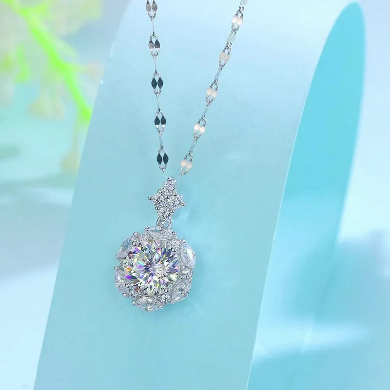 2 Carats Moissanite Diamond Flower Pendant Necklace 925 Sterling Silver XMFN8156