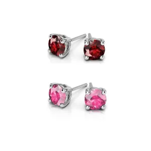 24k White Gold Plated 1/2Ct Created Ruby and Pink Sapphire 2 Pair Round Stud Earrings