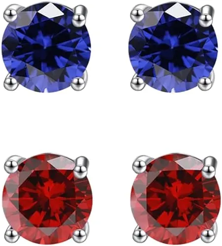 24k White Gold Plated 1Ct Created Blue sapphire and  Ruby 2 Pair Round Stud Earrings