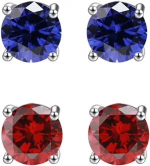 24k White Gold Plated 1Ct Created Blue sapphire and  Ruby 2 Pair Round Stud Earrings