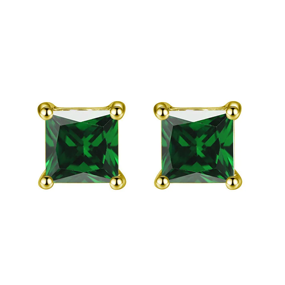 24k Yellow Gold Plated 2 Cttw Emerald Square Stud Earrings