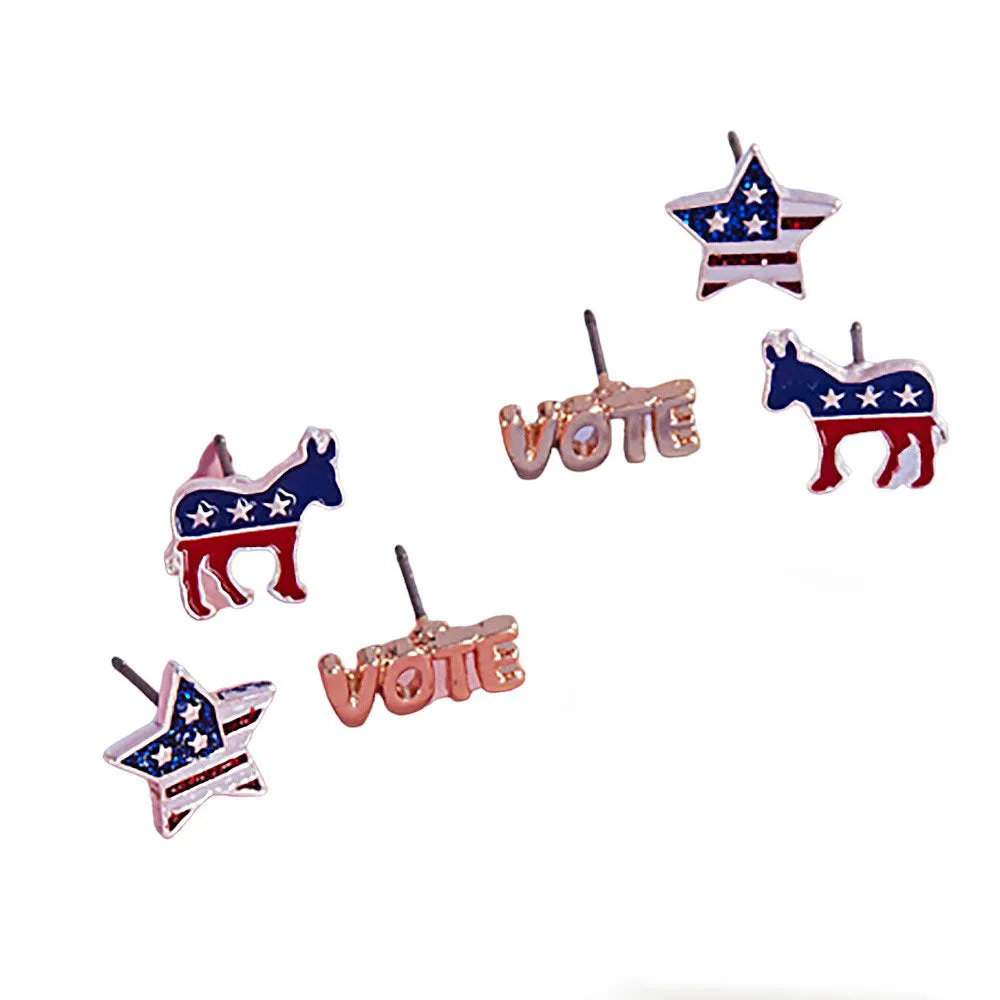 3Pairs - Enamel VOTE Democrat Donkey Stud Earring Set