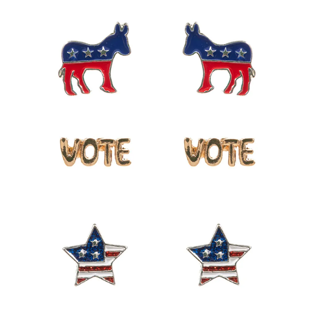 3Pairs - Enamel VOTE Democrat Donkey Stud Earring Set