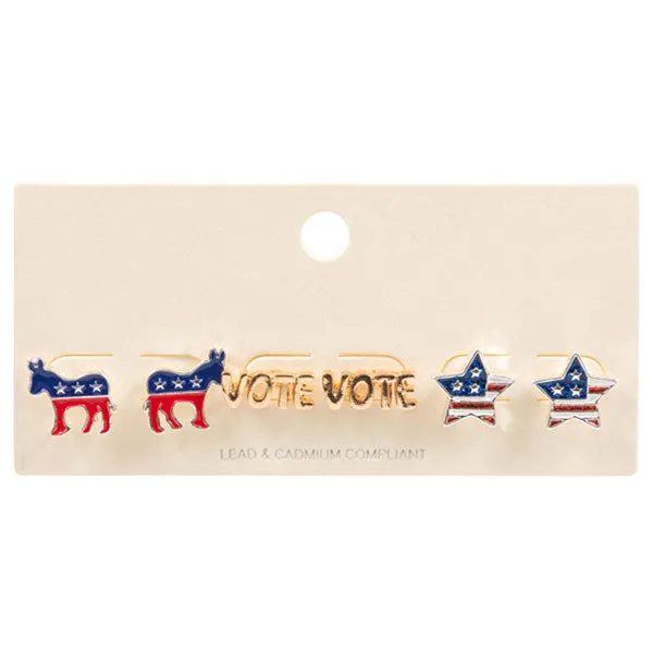 3Pairs - Enamel VOTE Democrat Donkey Stud Earring Set