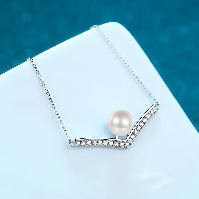 5A 8MM Freshwater Pearl D Color Moissanite 925 Sterling Silver Smile V Pendant Necklace Ladies Fine Jewelry Birthday Party Gift