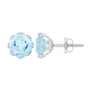 6 MM Decorative Aquamarine Solitaire Stud Earrings