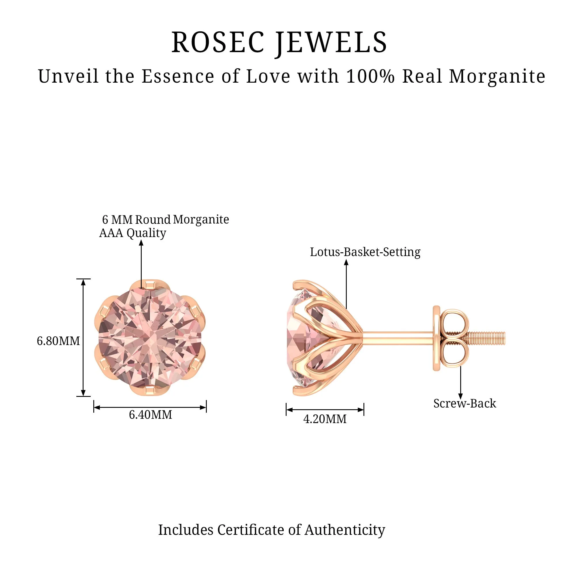 6 MM Morganite Solitaire Stud Earrings in Lotus Basket Setting