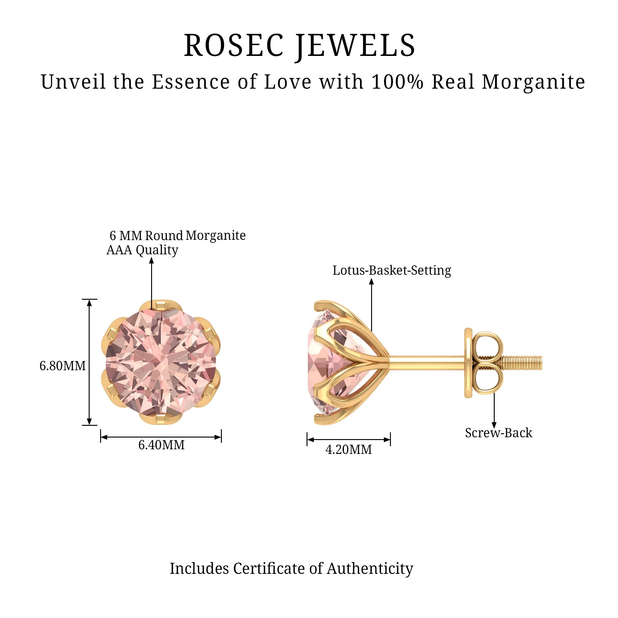 6 MM Morganite Solitaire Stud Earrings in Lotus Basket Setting