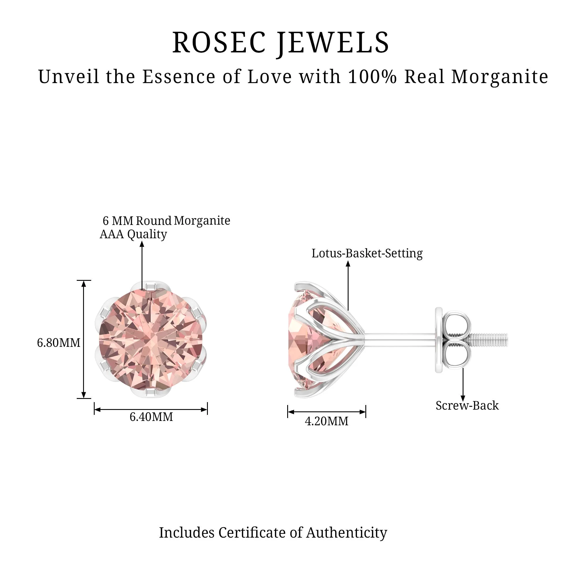 6 MM Morganite Solitaire Stud Earrings in Lotus Basket Setting