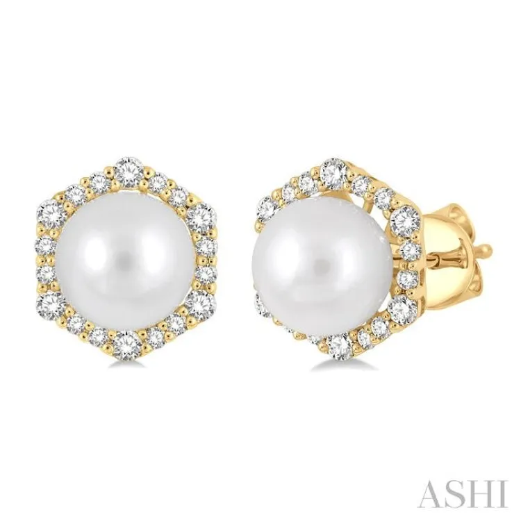 7X7MM Cultured Pearls and 1/3 Ctw Hexagon Shape Round Cut Diamond Earrings in 14K Yellow Gold