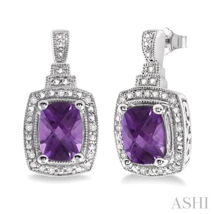 8x6 MM Cushion Shape Amethyst and 1/10 Ctw Single Cut Diamond Earrings in Sterling Silver