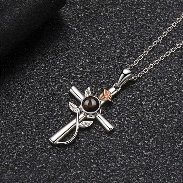 925 Silver Rose Cross Pendant Necklace with Picture Inside