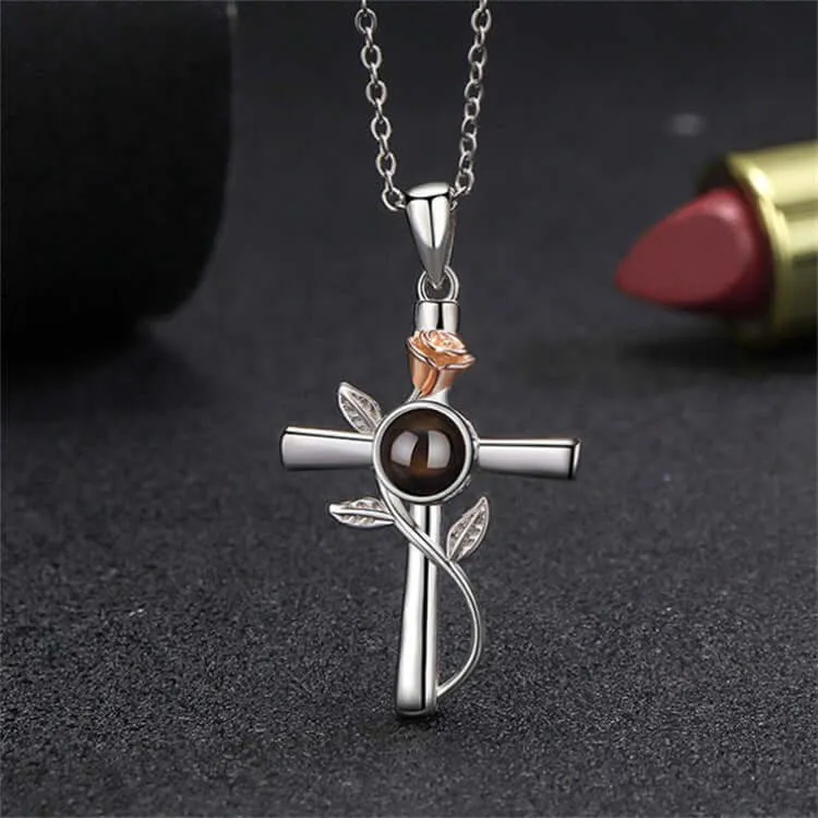 925 Silver Rose Cross Pendant Necklace with Picture Inside