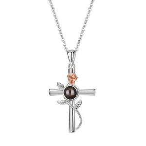 925 Silver Rose Cross Pendant Necklace with Picture Inside