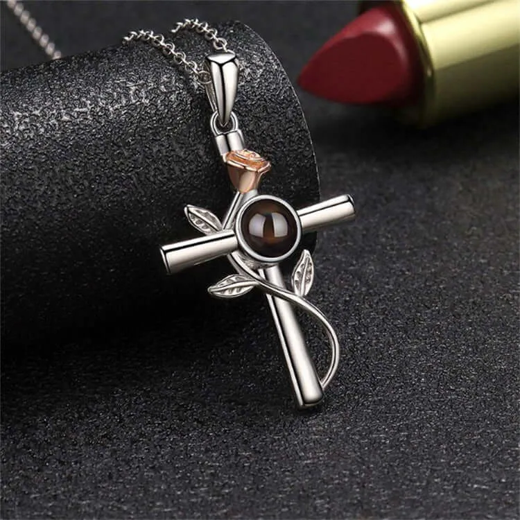 925 Silver Rose Cross Pendant Necklace with Picture Inside