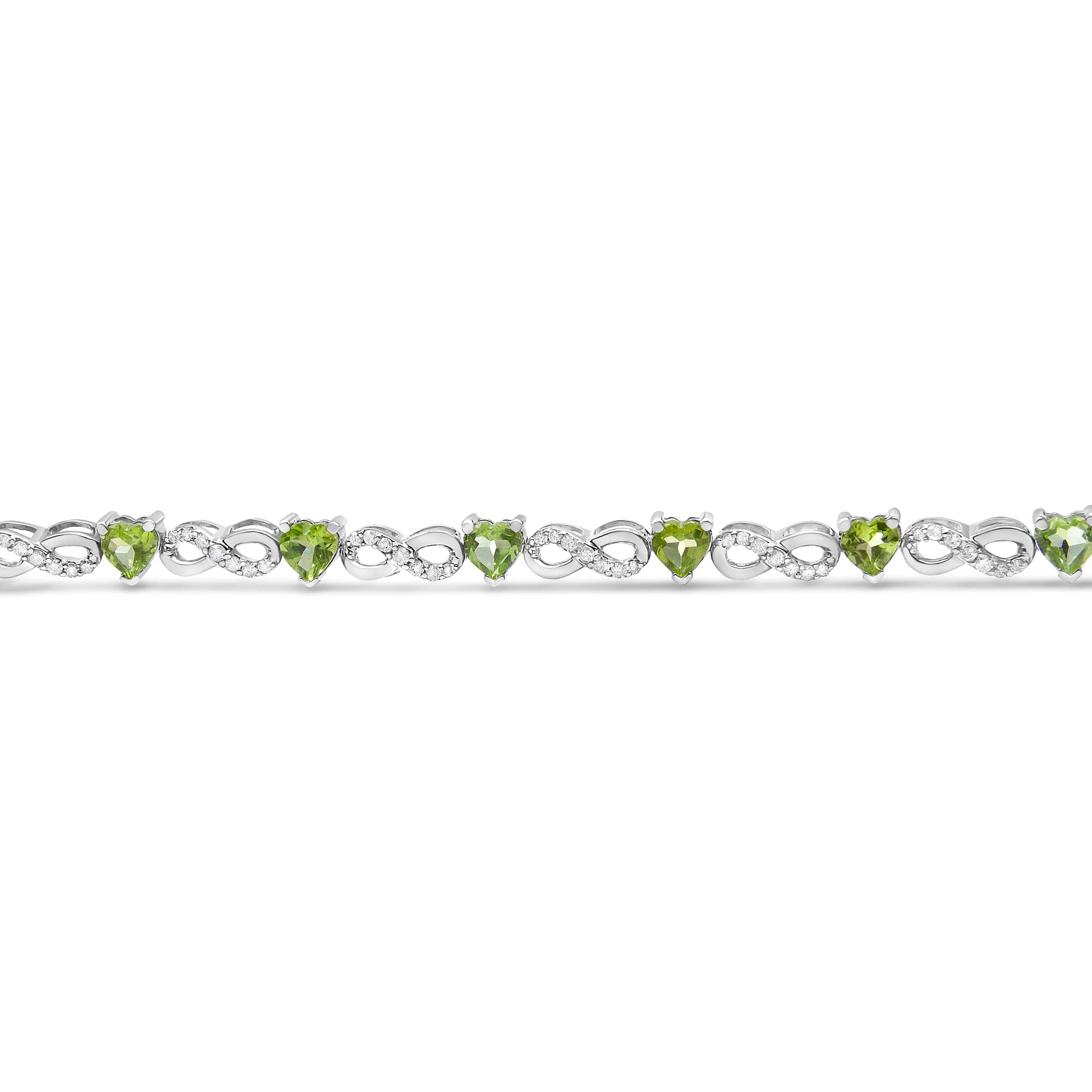 .925 Sterling Silver 1.00 Cttw Diamond and 4.00mm Lab Created Green Heart-Shaped Peridot Infinity Link Bracelet